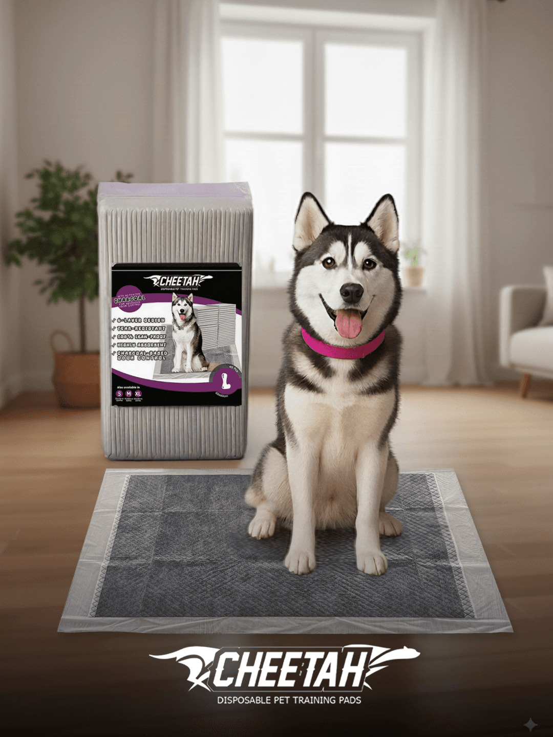 CHEETAH Puppy Training Pads – 6-Layers, Grey Color - Activated Charcoal, L Size- 40Pcs